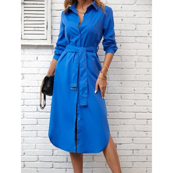 Blue Preppy Women Button Front Belted Shirt Dress - Picture 2 of 8